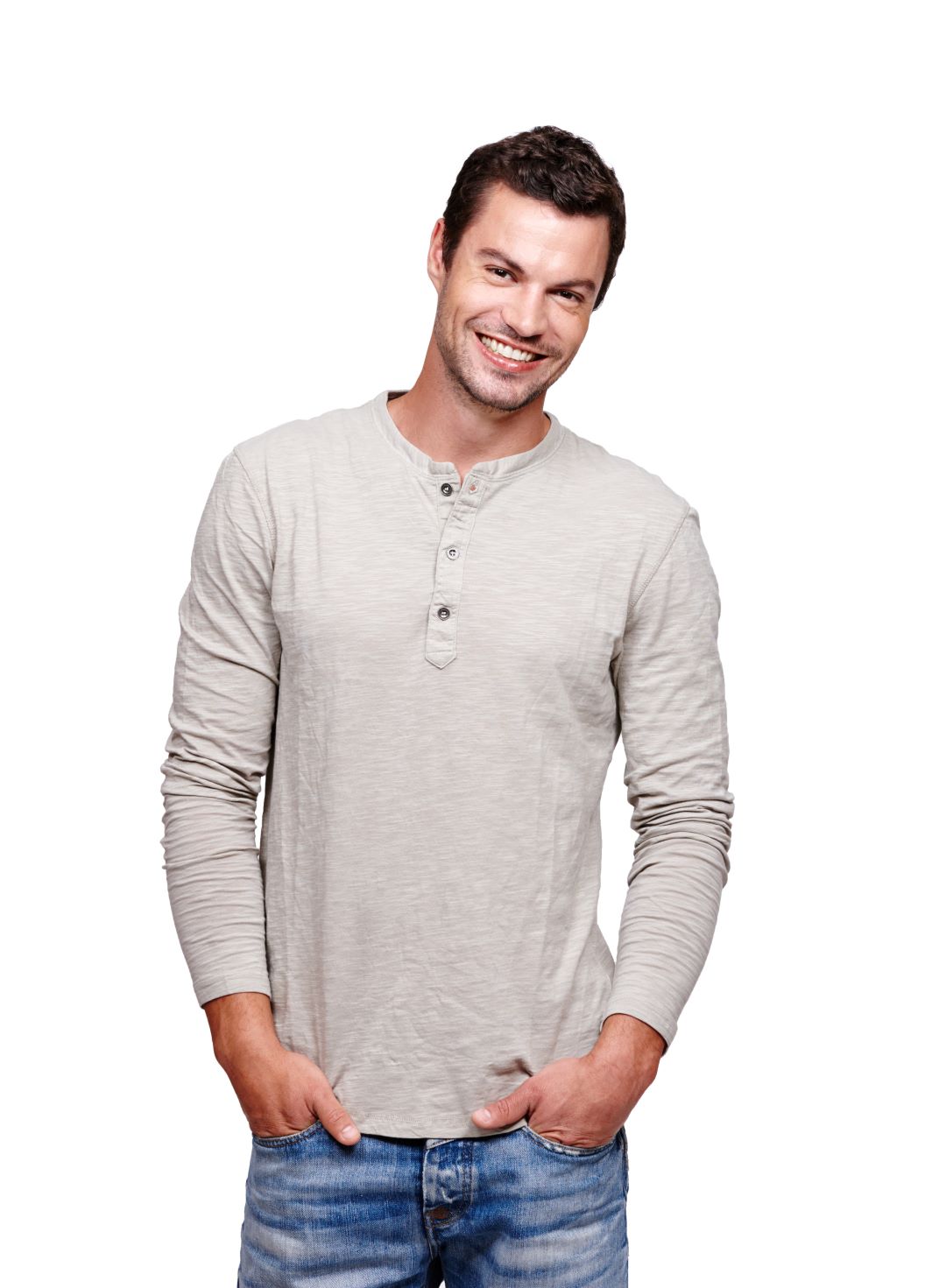 Model wearing Henley T-shirt